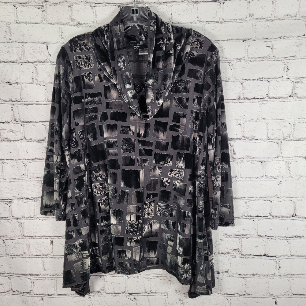 Damee Inc Tunic Top Womens Small Grey Black Burnout Velvet Cowl Neck 3/4 Sleeve